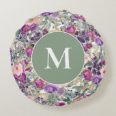 紫色のピンクのセージ緑のボホの花 ラウンドクッション (裏面)