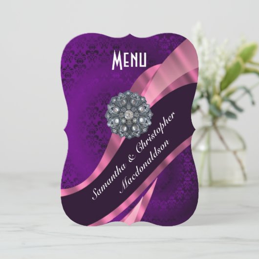 紫色のピンクのダマスク織のエレガントでフォーマルな結婚式メニュー メニュー (スタンド正面)