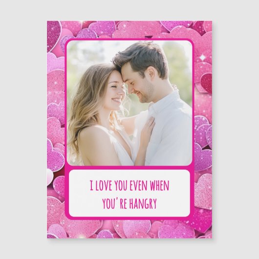 紫色のピンクのハートがあなたはハングリーフォトカードの場合 (正面)