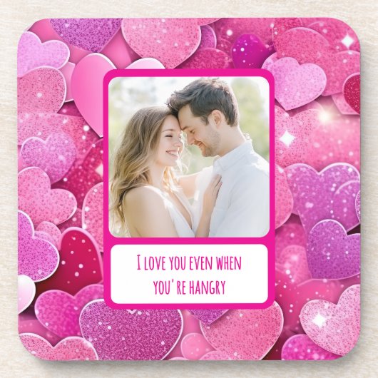 紫色のピンクのハートがあなたはハングリー時 コースター (正面)