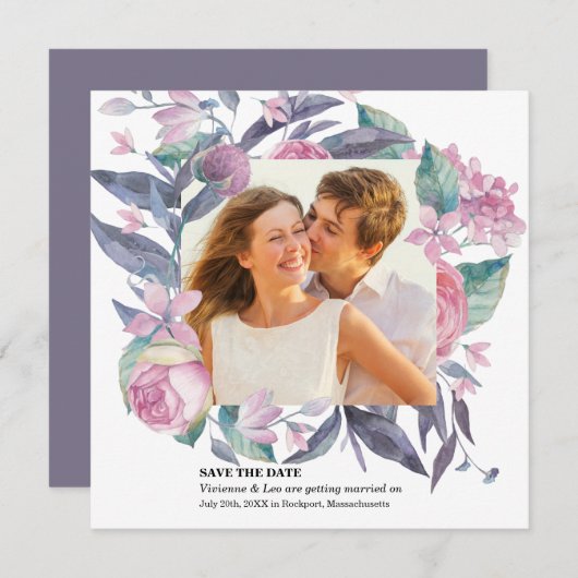 紫色のピンクのバラのフローラ写真を保存する日付カード セーブザデート (正面/裏面)