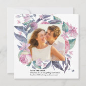 紫色のピンクのバラのフローラ写真を保存する日付カード セーブザデート (正面)