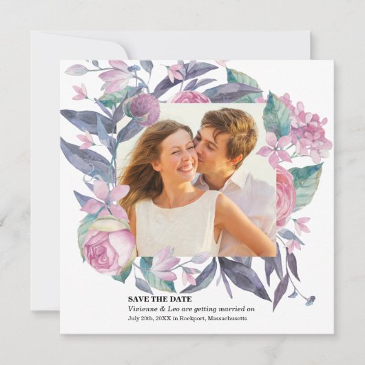 紫色のピンクのバラのフローラ写真を保存する日付カード セーブザデート (正面)