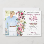 紫色のピンクのバラの写真の第80誕生日 招待状 (正面)