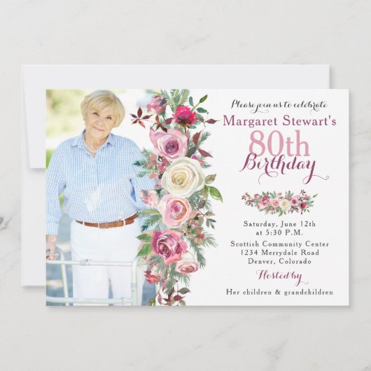 紫色のピンクのバラの写真の第80誕生日 招待状 (正面)