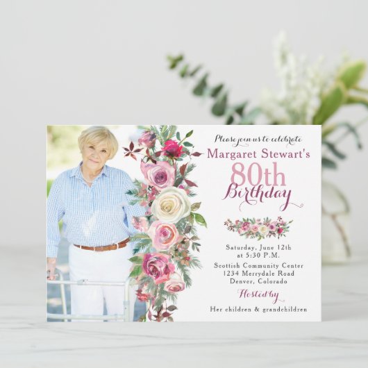 紫色のピンクのバラの写真の第80誕生日 招待状 (スタンド正面)