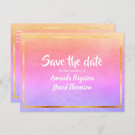 紫色のピンクのバラの神の日付を保存結婚する 案内ポストカード (正面/裏面)