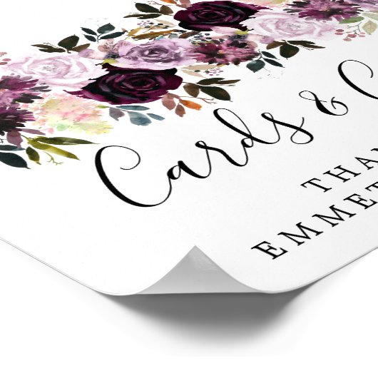 紫色のピンクのフローラウェディングカードとギフトサイン ポスター (角)