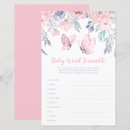 紫色のピンクのフローラバタフライワードスクランブルゲーム (正面/裏面)