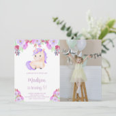 紫色のピンクのフローラユニコーン誕生日写真 招待状 (スタンド正面)