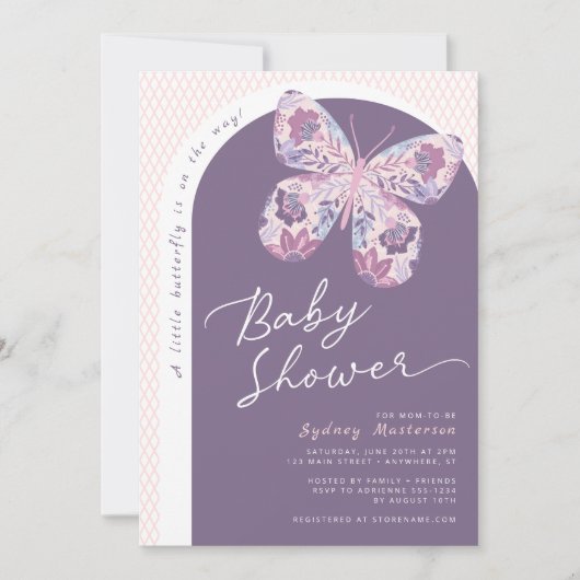 紫色のピンクのフローラ蝶の赤ちゃんシャワー 招待状 (正面)