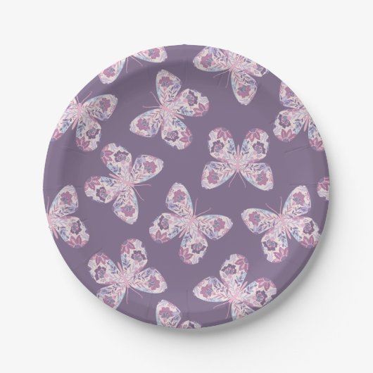 紫色のピンクのフローラ蝶パターン（の模様が）ある赤ちゃんシャワー ペーパープレート (正面)