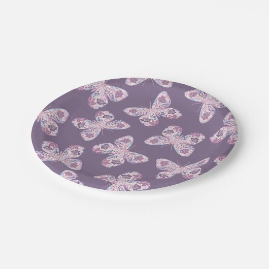 紫色のピンクのフローラ蝶パターン（の模様が）ある赤ちゃんシャワー ペーパープレート (アングル)