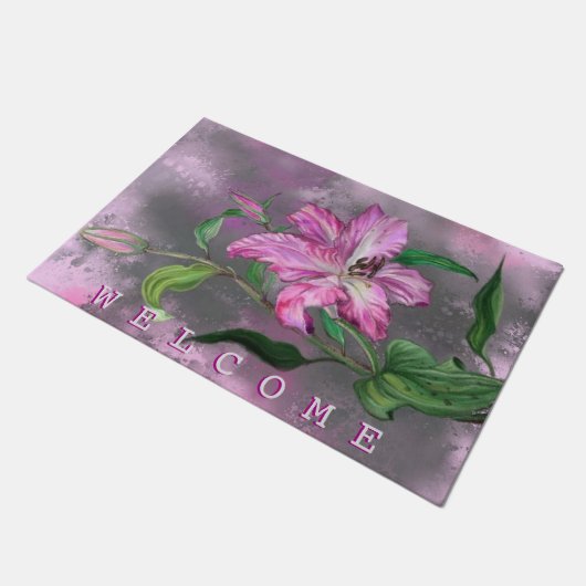 紫色のピンクのユリの花の装飾ウェルカム文字 ドアマット (アングル)