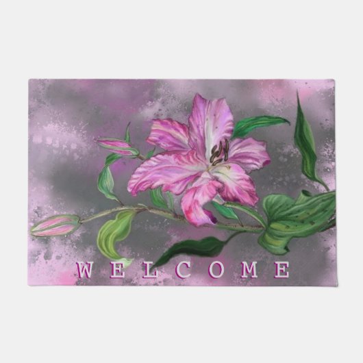 紫色のピンクのユリの花の装飾ウェルカム文字 ドアマット (正面)