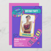 紫色のピンクのレトロy2k写真の誕生日 招待状 (正面/裏面)