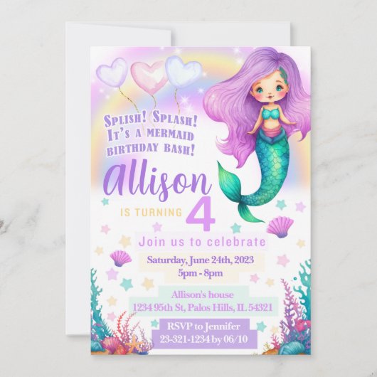 紫色のピンクの人魚の誕生日の招待きらめく 招待状 (正面)