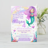 紫色のピンクの人魚の誕生日の招待きらめく 招待状 (スタンド正面)