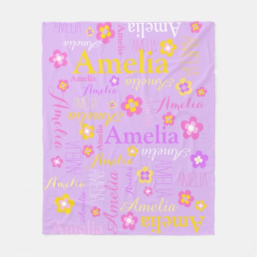 紫色のピンクの女の子の名前アメリア花の毛布 フリースブランケット (正面)