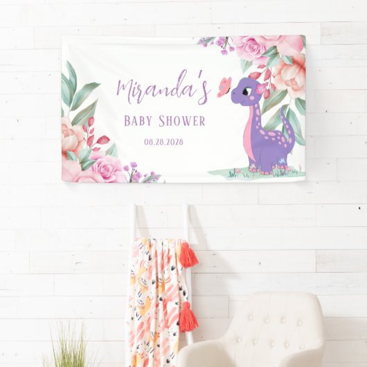 紫色のピンクの恐竜バタフライガールベビーシャワー 横断幕 (インサイチュ)