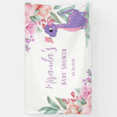 紫色のピンクの恐竜バタフライガールベビーシャワー 横断幕 (縦)