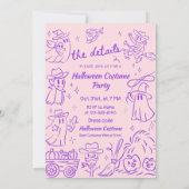 紫色のピンクの手予測できな引きカウボーイハロウィーン 招待状 (裏面)