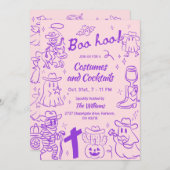 紫色のピンクの手予測できな引きカウボーイハロウィーン 招待状 (正面/裏面)