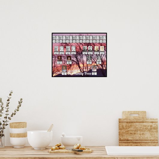 紫色のピンクの日没の写真2つの家族の木 ポスター (キッチン)