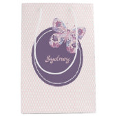 紫色のピンクの格子パターパーソナライズされたン蝶 ミディアムペーパーバッグ (正面)