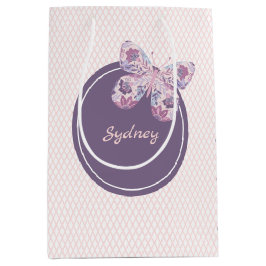 紫色のピンクの格子パターパーソナライズされたン蝶 ミディアムペーパーバッグ