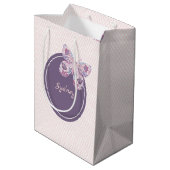 紫色のピンクの格子パターパーソナライズされたン蝶 ミディアムペーパーバッグ (裏面アングル)