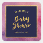 紫色のピンクの水の色とフェイク金ゴールド赤ちゃんシャワー スクエアシール (正面)