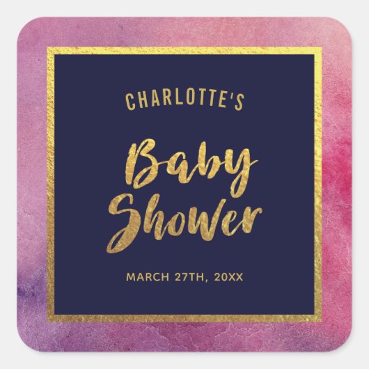 紫色のピンクの水の色とフェイク金ゴールド赤ちゃんシャワー スクエアシール (正面)