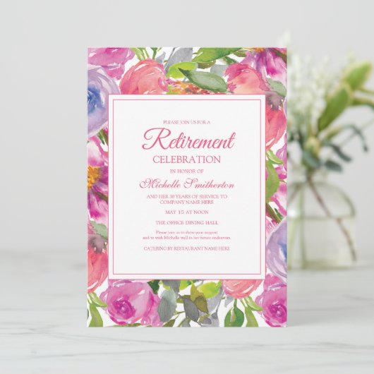 紫色のピンクの水の色ワイルドフラワーリタイア 招待状 (スタンド正面)