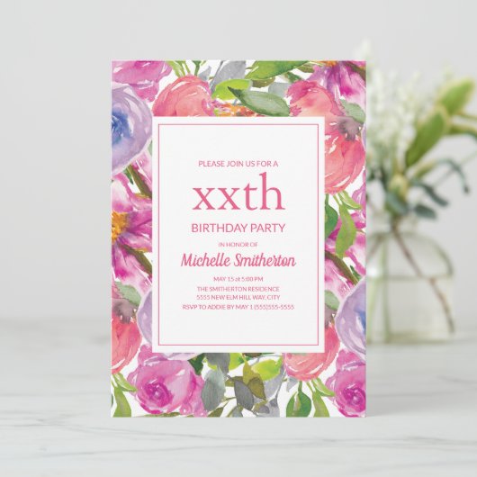 紫色のピンクの水の色ワイルドフラワー任意の年齢誕生日 招待状 (スタンド正面)