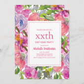 紫色のピンクの水の色ワイルドフラワー任意の年齢誕生日 招待状 (正面/裏面)