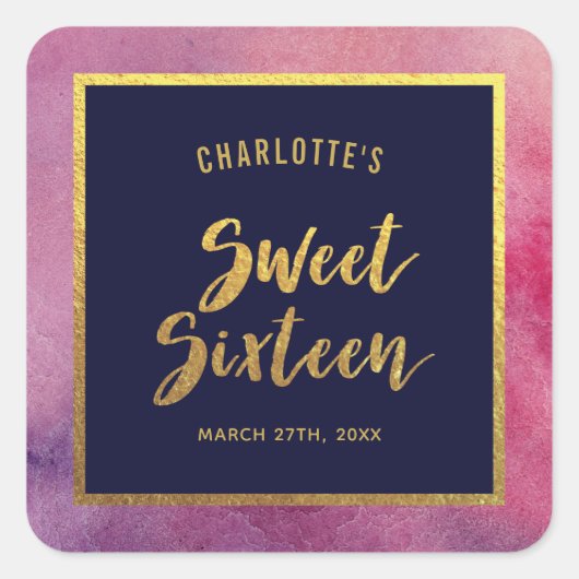 紫色のピンクの水色とフェイク金ゴールドSweet sixteen スクエアシール (正面)