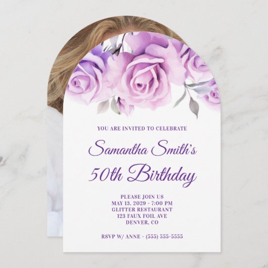 紫色のピンクの水色のバラ写真50誕生日 招待状 (正面/裏面)