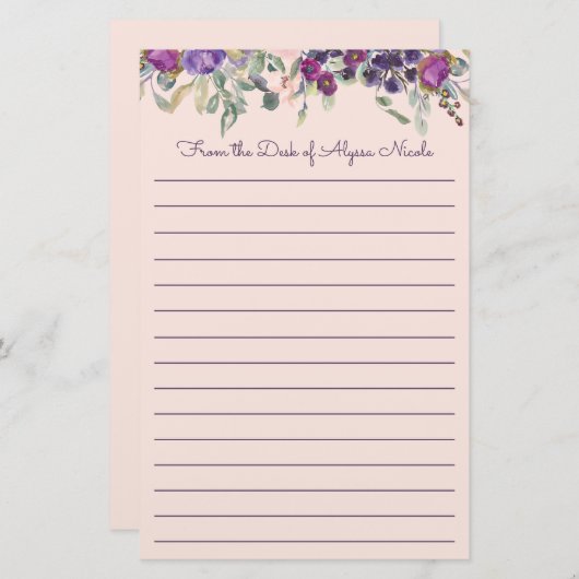 紫色のピンクの水色のフローラが並ぶ 便箋 (正面/裏面)