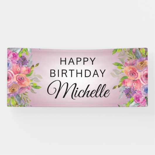 紫色のピンクの水色のフローラハッピーバースデー名 横断幕 (横)