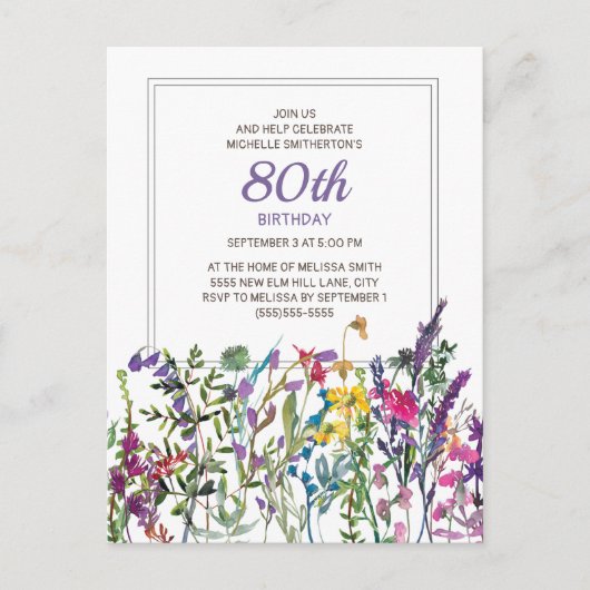 紫色のピンクの水色ワイルドフラワー80誕生日 ポストカード (正面)