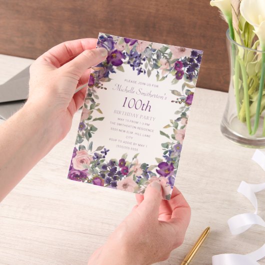 紫色のピンクの水色。フローラ100誕生日 ベラム紙招待状 (ポータブル)