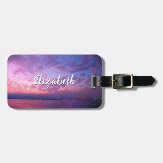 紫色のピンクの海サンセットの写真名前をカスタムするスクリプト ラゲッジタグ (正面横)