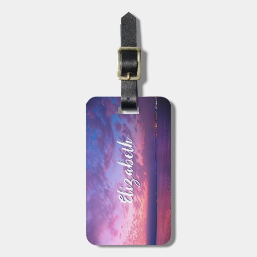 紫色のピンクの海サンセットの写真名前をカスタムするスクリプト ラゲッジタグ (正面縦)