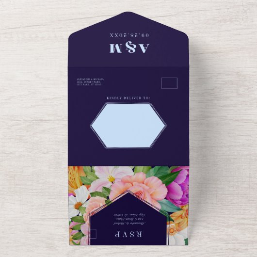紫色のピンクの濃い青のはっきりしたカラフルフローラ結婚の オールインワン招待状