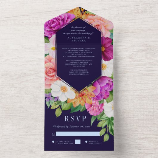 紫色のピンクの濃い青のはっきりしたカラフルフローラ結婚の オールインワン招待状 (内側)
