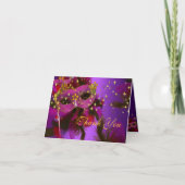 紫色のピンクの羽のマスクの仮面舞踏会は感謝していしています サンキューカード (正面)