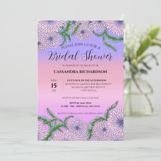 紫色のピンクの花と緑の葉ブライダルシャワー 招待状 (スタンド正面)