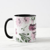 紫色のピンクの花の柄の母の幸せな日 マグカップ (左)