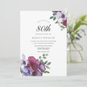 紫色のピンクの花の水彩80th誕生日パーティー 招待状 (スタンド正面)